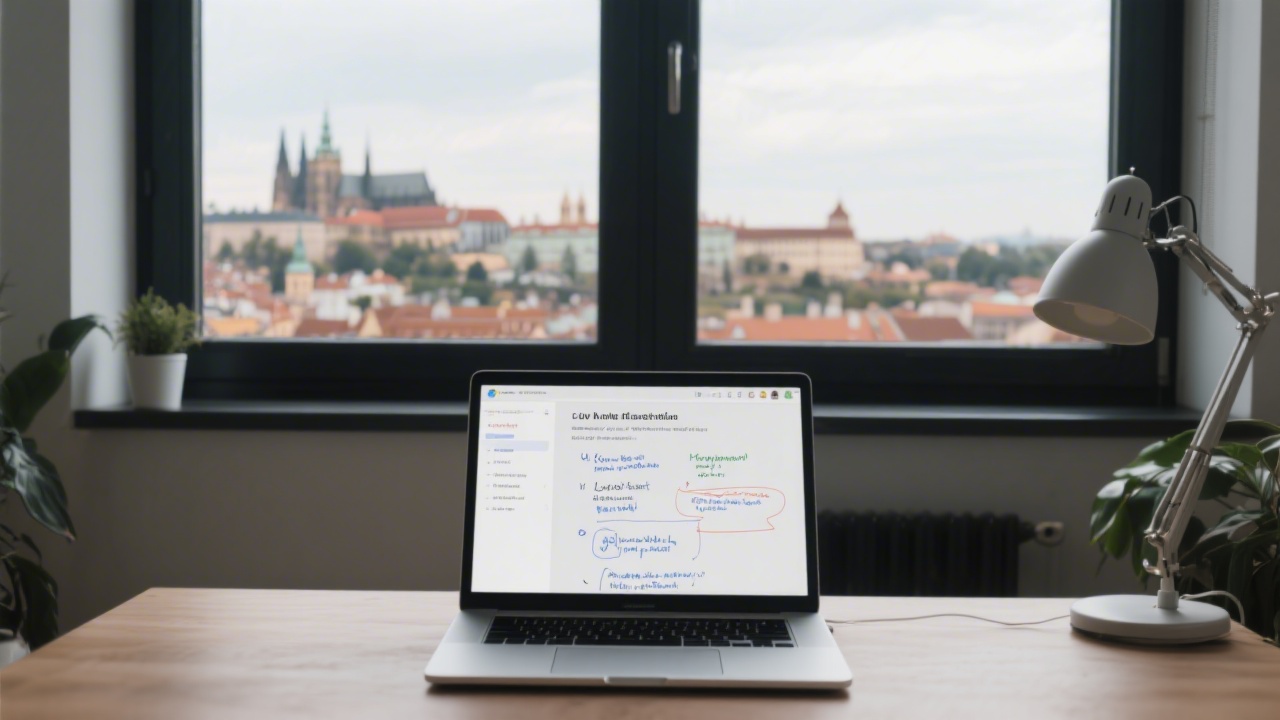 Prague city skyline through office window with a laptop on a desk displaying UX notes, emphasizing local Czech context and remote collaboration