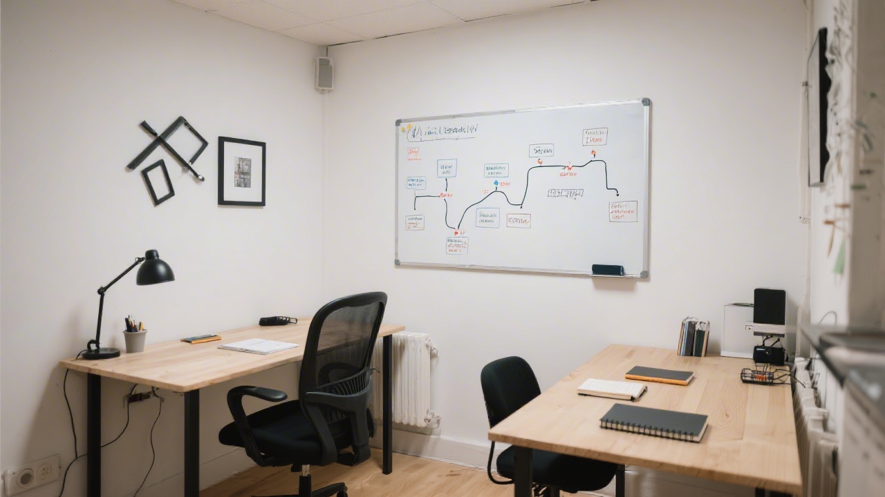 Small UX studio in Prague with two desks, notebooks, and a whiteboard showing user journey mapping, creating a focused and minimal environment for product research