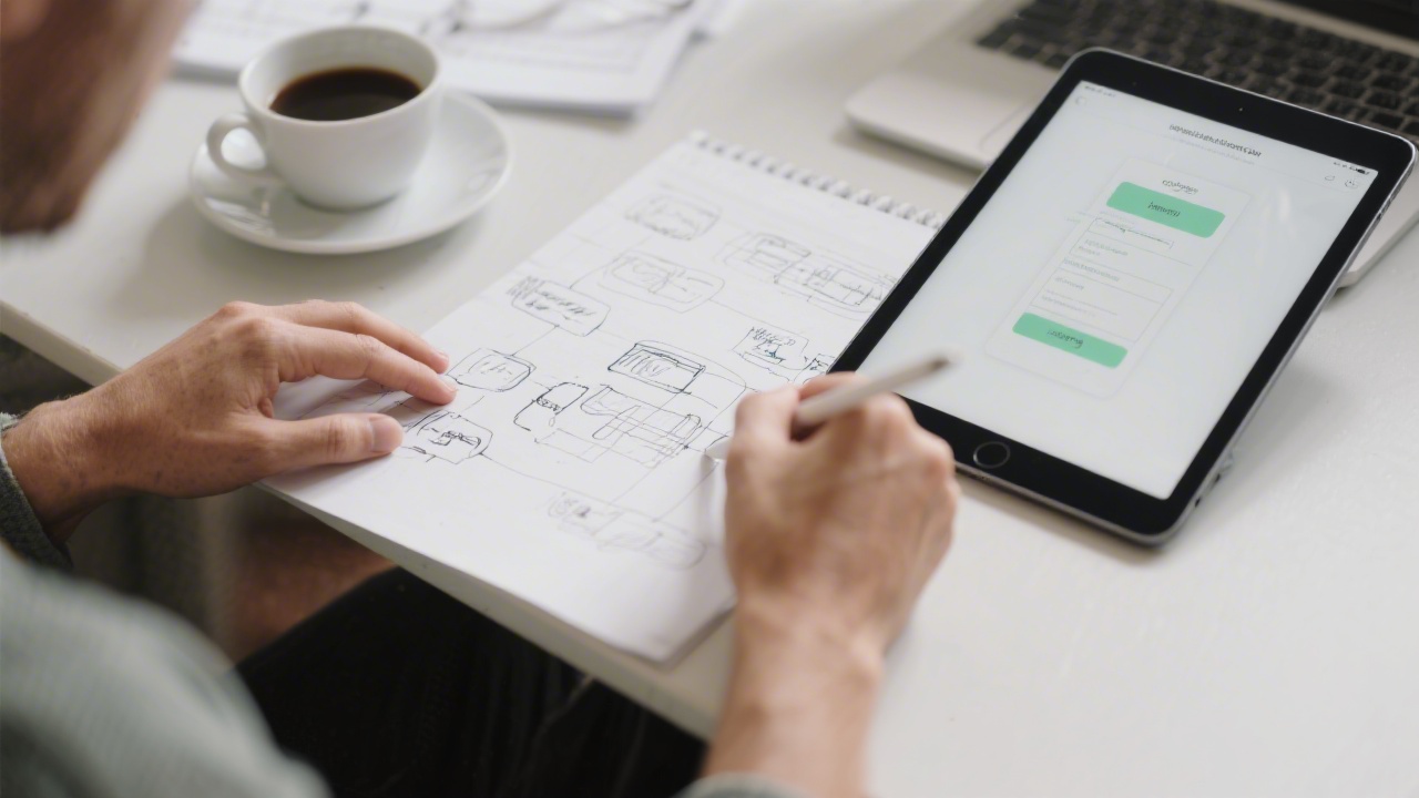 Close-up of a UX researcher sketching wireframes on paper, with a tablet showing a prototype and a cup of coffee, indicating a fast iterative workflow