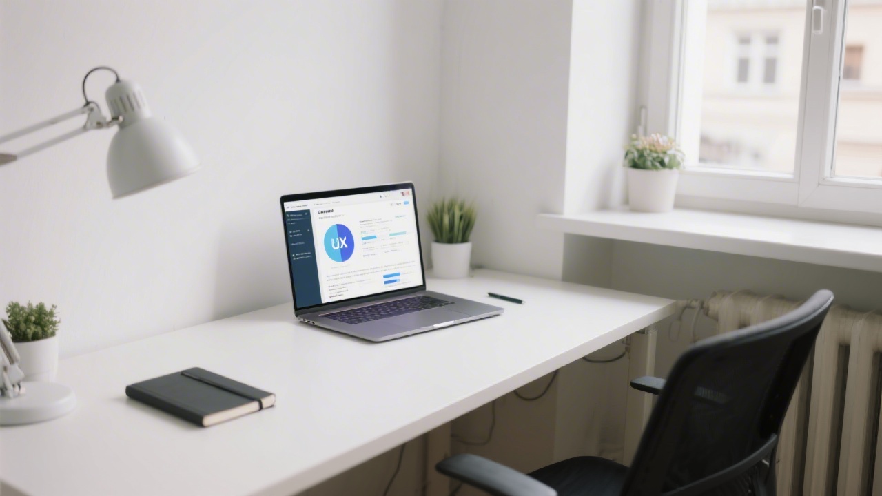 Clean Prague office corner with a desk, notebook, and a laptop showing a UX report, creating a calm professional atmosphere for contacting the studio