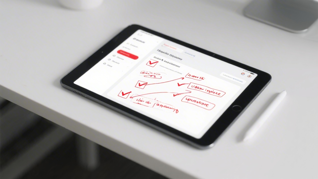 Annotated interface with red highlights, check marks, and notes pointing to usability issues, presented on a tablet on a clean desk