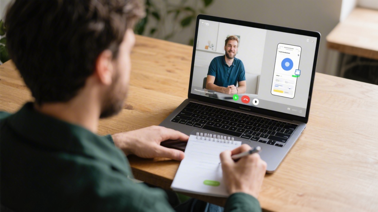 UX researcher on a video call with a participant, taking notes on a laptop while a prototype is shared on screen, illustrating remote MVP testing