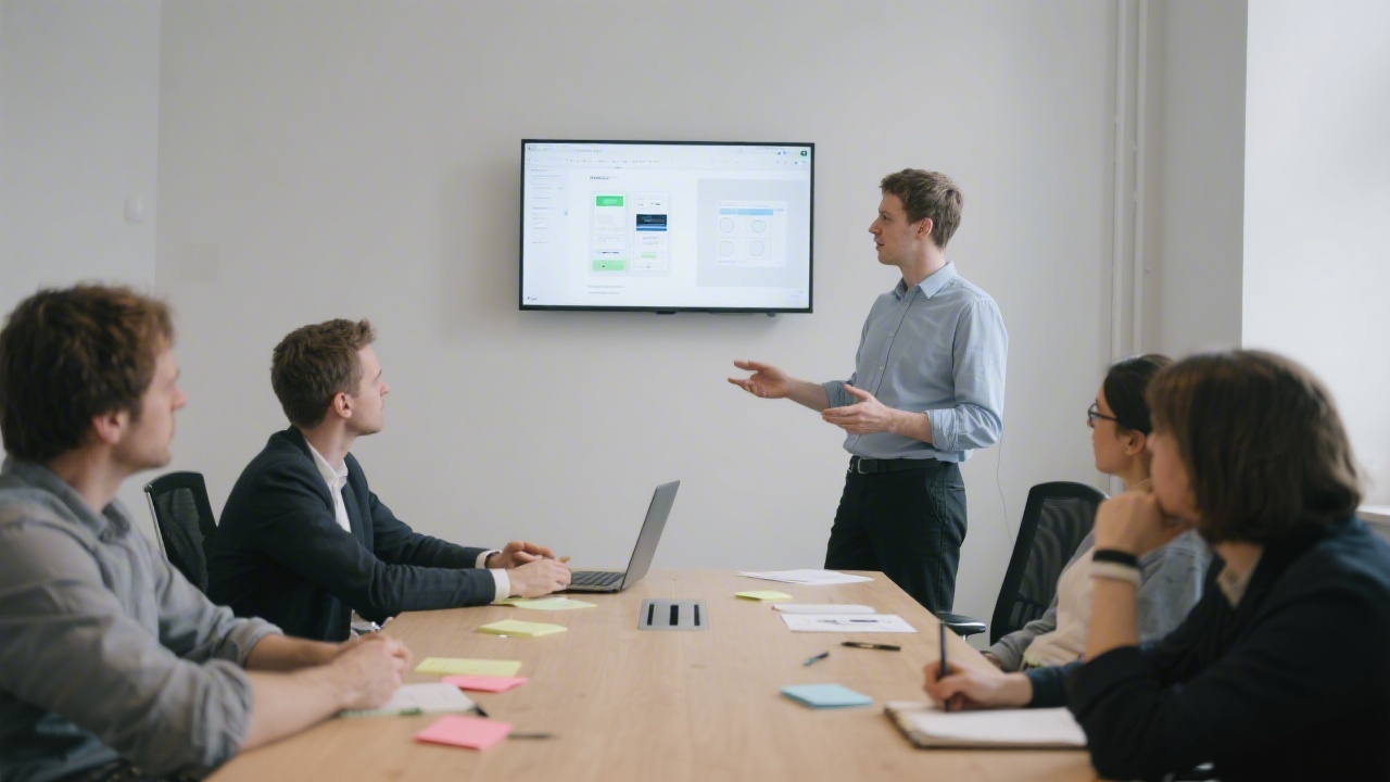 UX researcher presenting a prototype on a screen to a small team, with notes and a clear layout in a minimalist meeting room in Prague