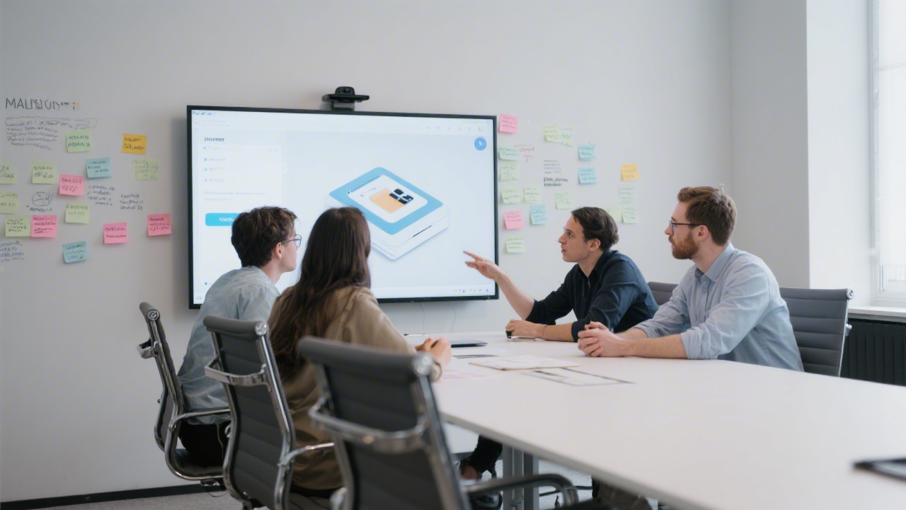 Small product team reviewing a prototype on a large screen, discussing insights in a minimalist meeting room with notes on the wall